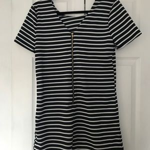 blue and white striped dress with jewels